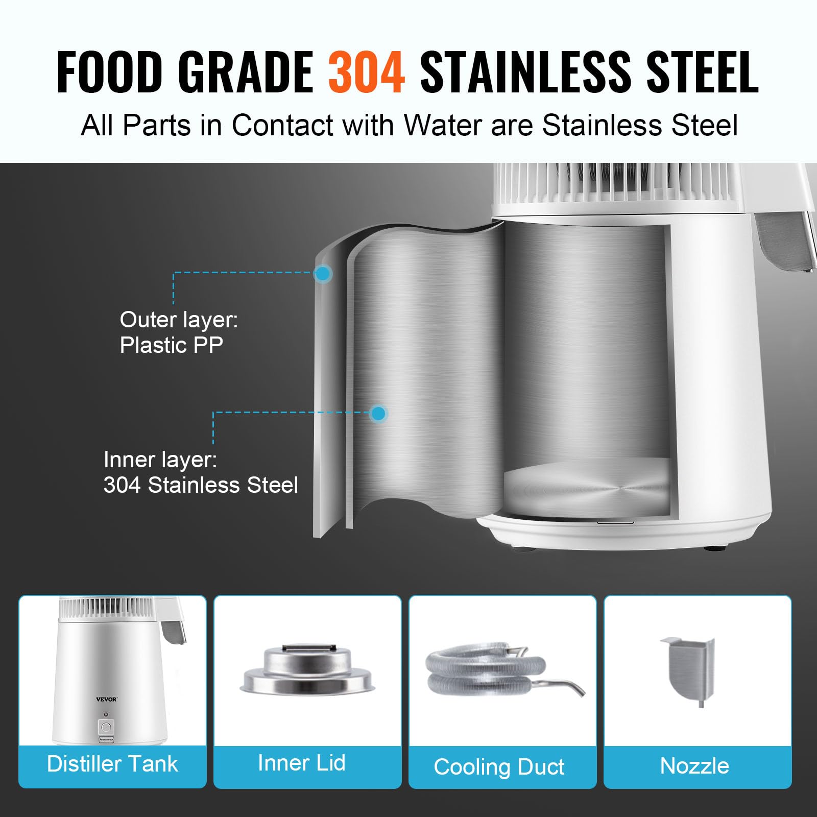 Vevor Water Distiller, 1.1 Gal Distilled Water Machine, 750W Pure Water Distilling W/Bpa Free Plastic Container, Water Distillat